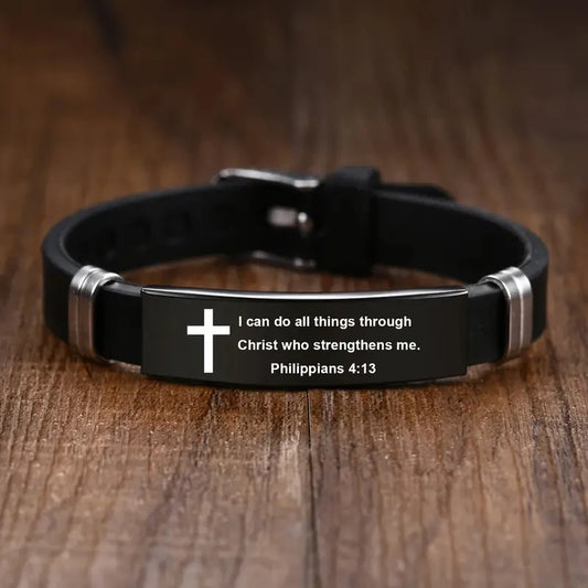 Christian Cross Bible Verse Bracelet Black Stainless Steel Inspirational Faith Bracelets For Men Women Jewelry