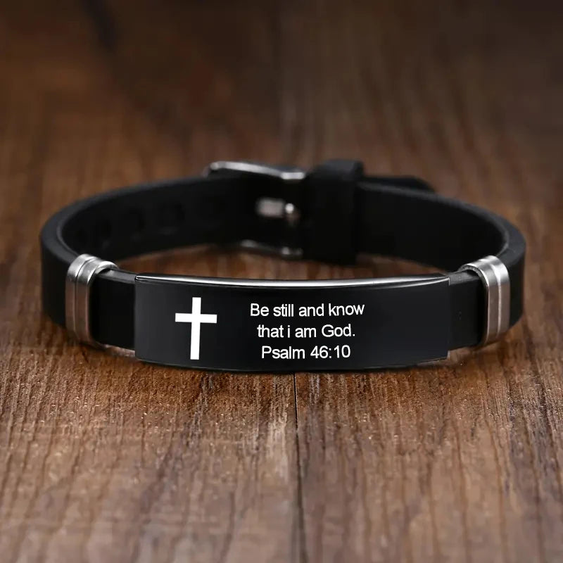 Christian Cross Bible Verse Bracelet Black Stainless Steel Inspirational Faith Bracelets For Men Women Jewelry