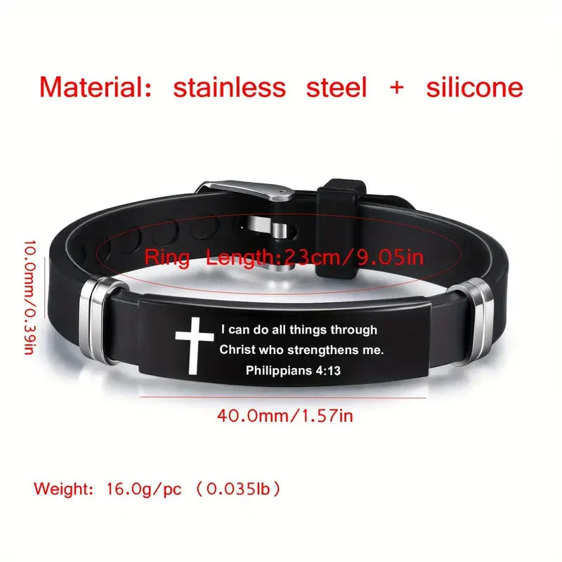 Christian Cross Bible Verse Bracelet Black Stainless Steel Inspirational Faith Bracelets For Men Women Jewelry