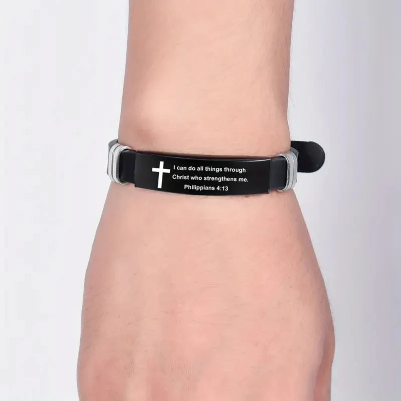 Christian Cross Bible Verse Bracelet Black Stainless Steel Inspirational Faith Bracelets For Men Women Jewelry