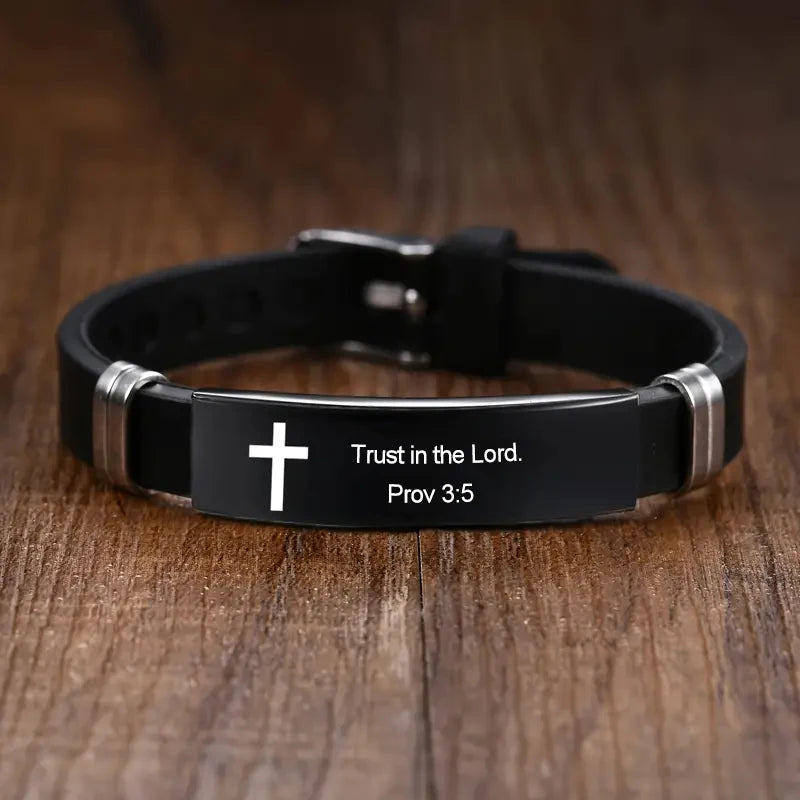 Christian Cross Bible Verse Bracelet Black Stainless Steel Inspirational Faith Bracelets For Men Women Jewelry